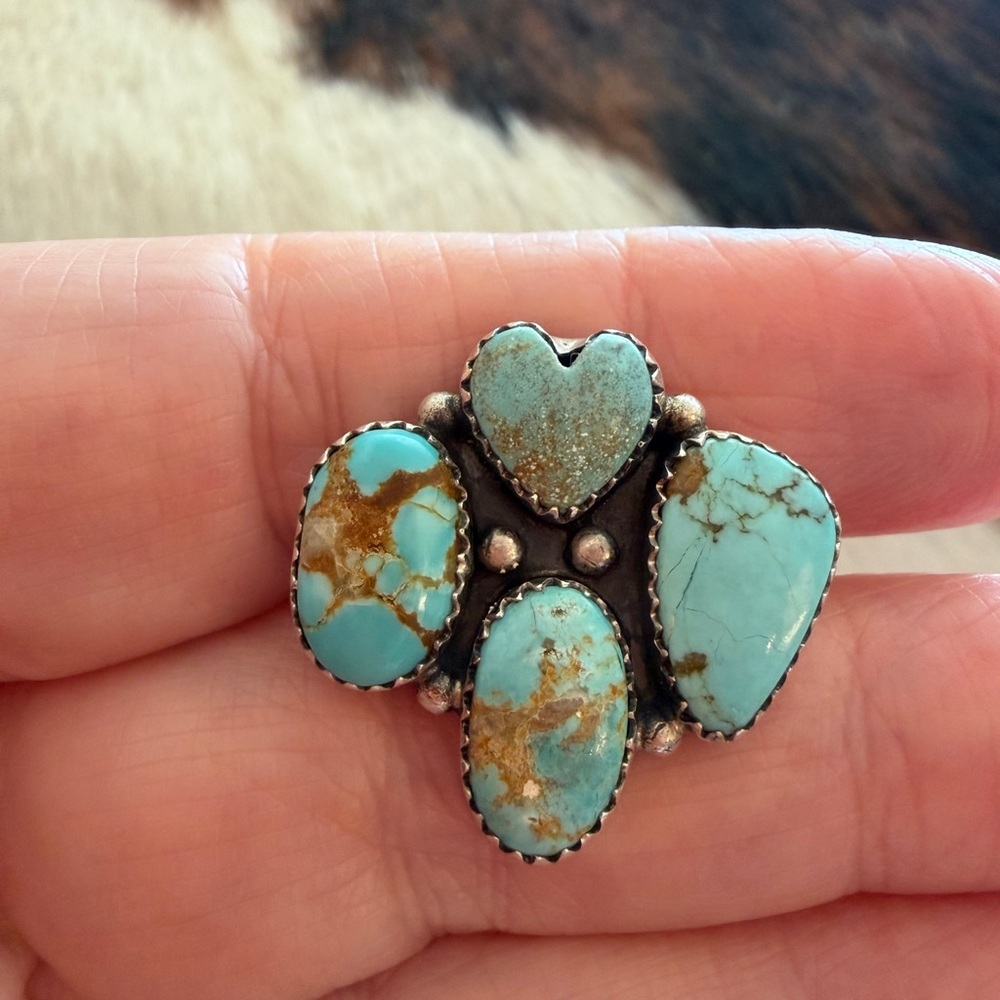 ❤️ #8 Turquoise Navajo Style 4 Stone Heart Statement Ring Adj Unisex 7.8 Gms 925 - Picture 5 of 16